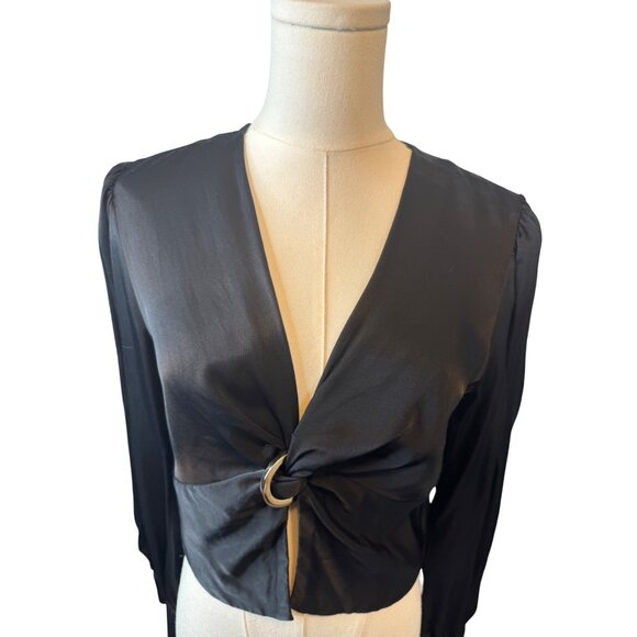 Zara Black XS Satin Long Sleeve Gold Ring Detail Top - Picture 3 of 10